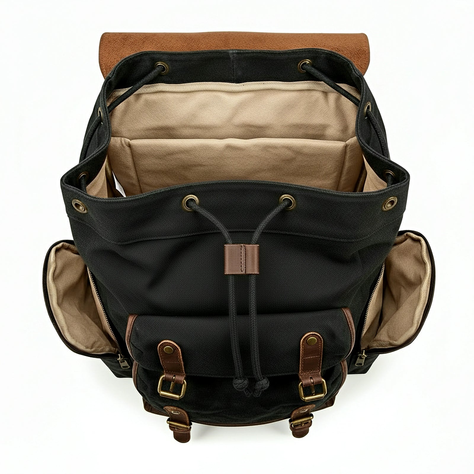 Black backpack with brown accents on a white background
