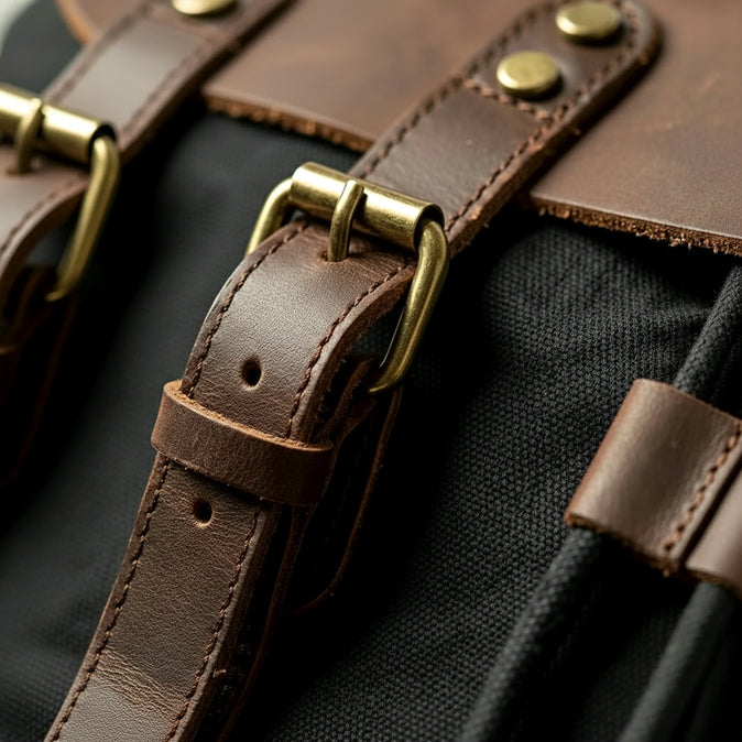 Close-up of canvas backpack brown leather straps with brass buckles on a black background