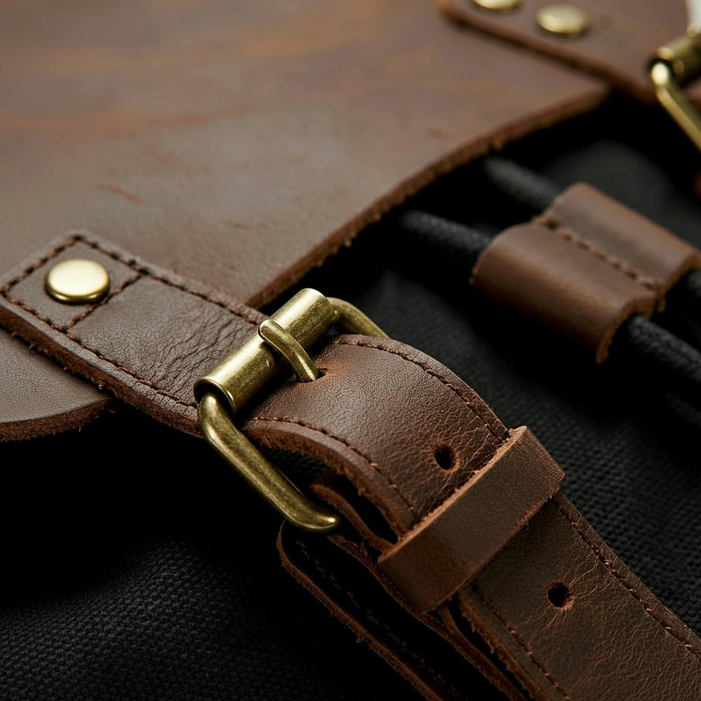 Close-up of a brown leather backpack with brass hardware on a dark background