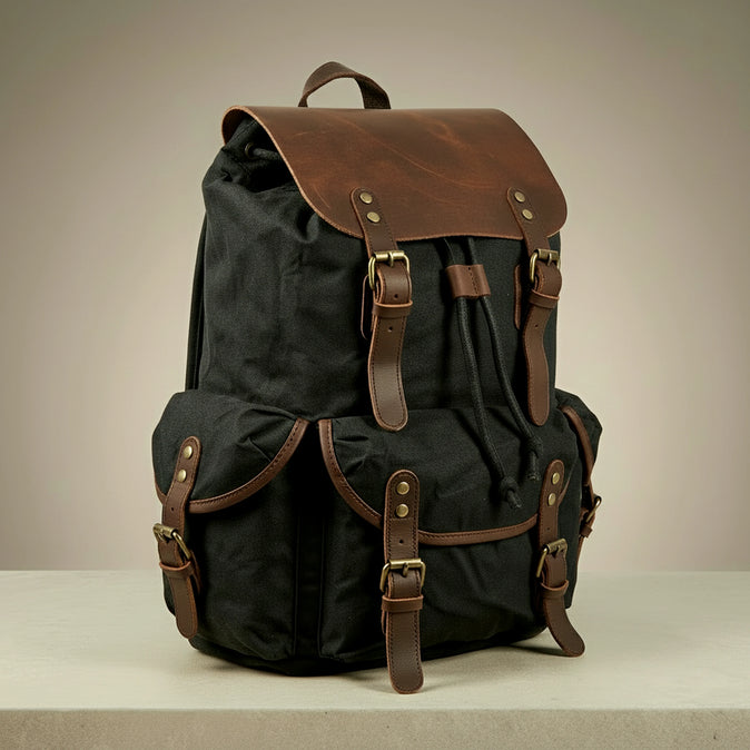 Black canvas and leather backpack with brown leather straps on a neutral background