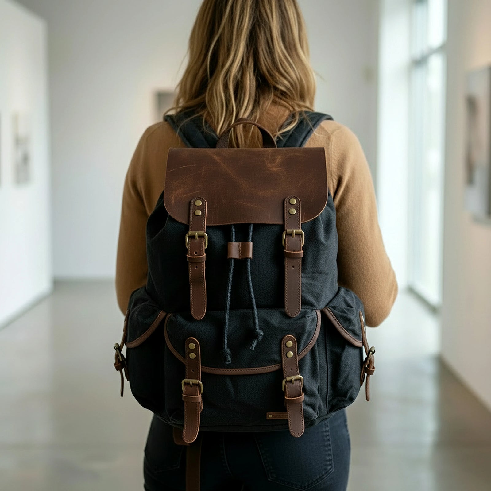 canvas and leather women's backpack Waterproof Retro Backpack