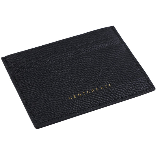 Front side of the Black Minimalist Saffiano Leather Cardholder from the Gentcreate brand.