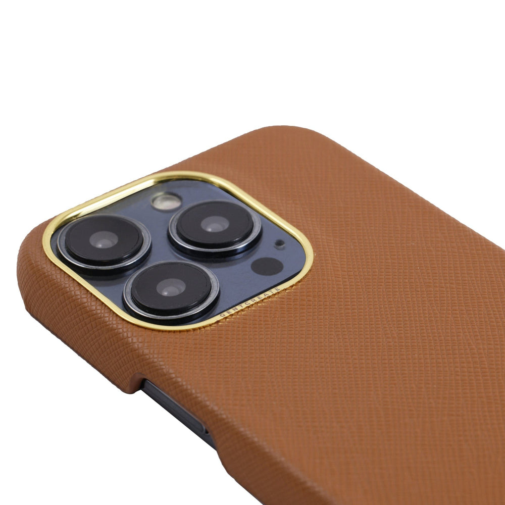 Close-up picture of the iPhone 15 Pro Max Saffiano Brown Leather Case from the Gentcreate luxury fashion brand.