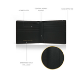 Black wallet with features labeled on a white background