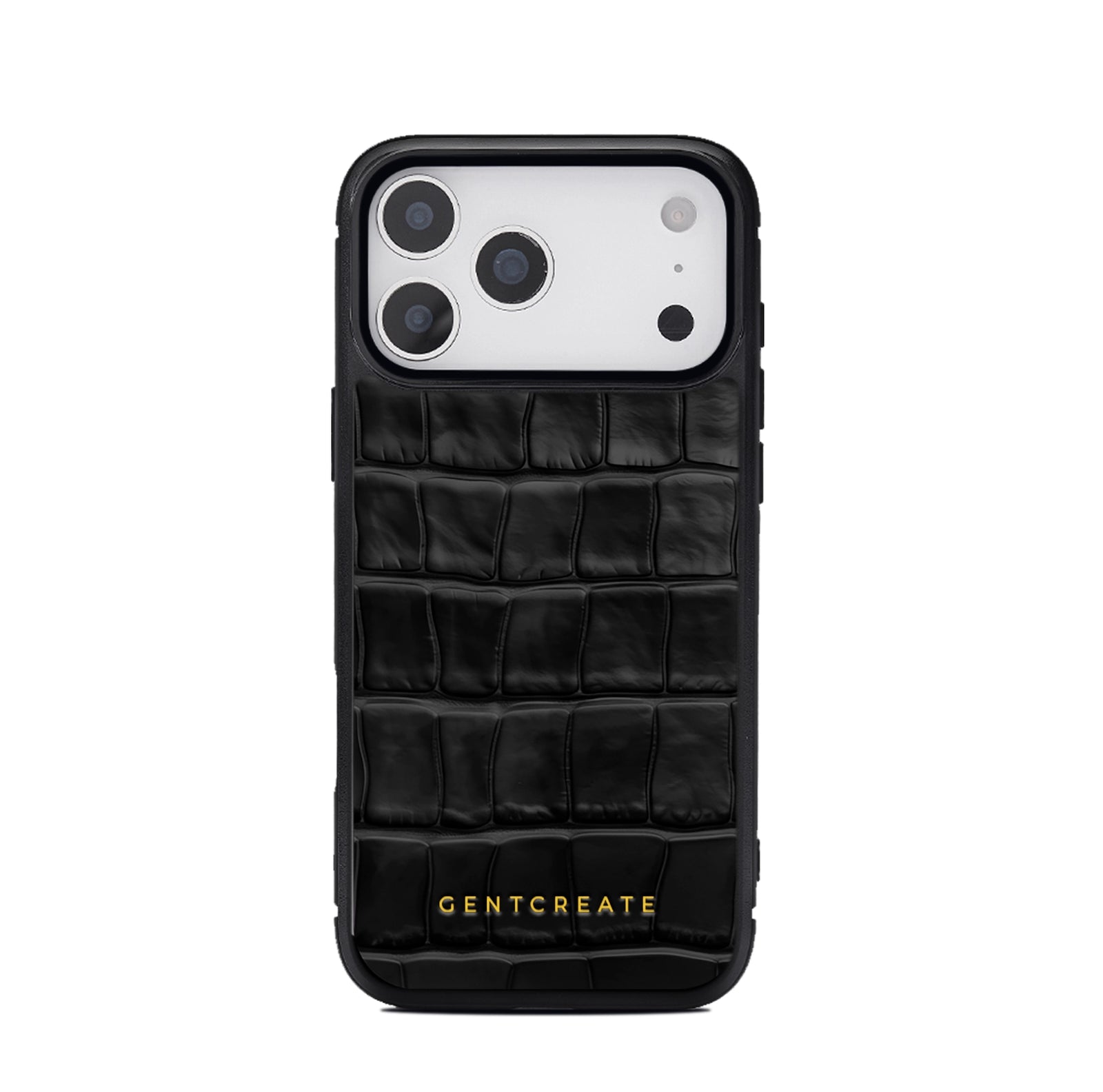 Black 17 pro crocodile-patterned phone case with 'GENTCREATE' branding on a white background