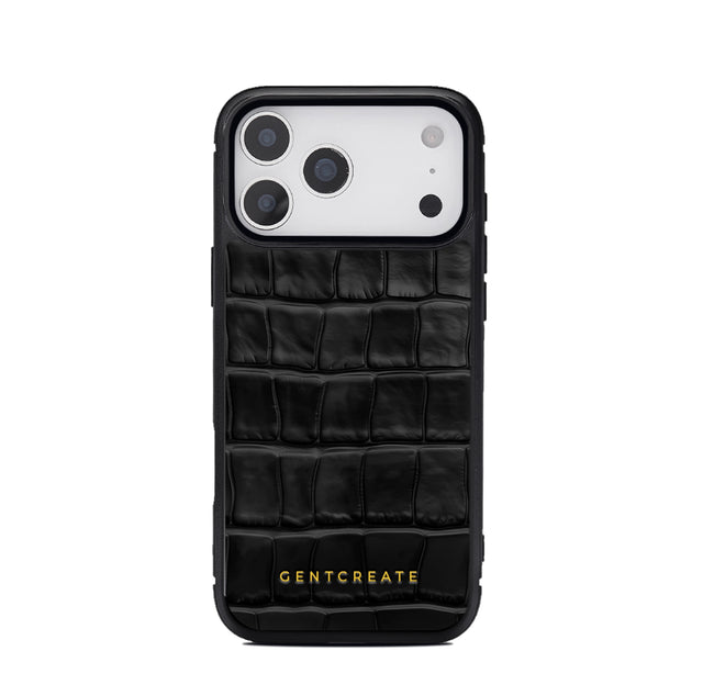 Black 17 pro crocodile-patterned phone case with 'GENTCREATE' branding on a white background