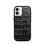 Black crocodile-patterned phone case with 'GENTCREATE' branding on a white background