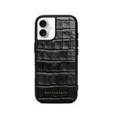 Black crocodile-patterned phone case with 'GENTCREATE' branding on a white background