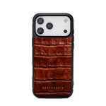 Brown 17 pro crocodile-patterned phone case with 'GENTCREATE' branding on a white background