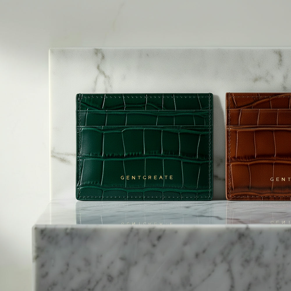 Two green and brown crocodile-textured card holders on a marble surface with 'GENTCREATE' branding.