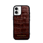 Burgundy crocodile-patterned phone case with 'GENTCREATE' branding on a white background
