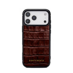 Burgundy 17 pro crocodile-patterned phone case with 'GENTCREATE' branding on a white background