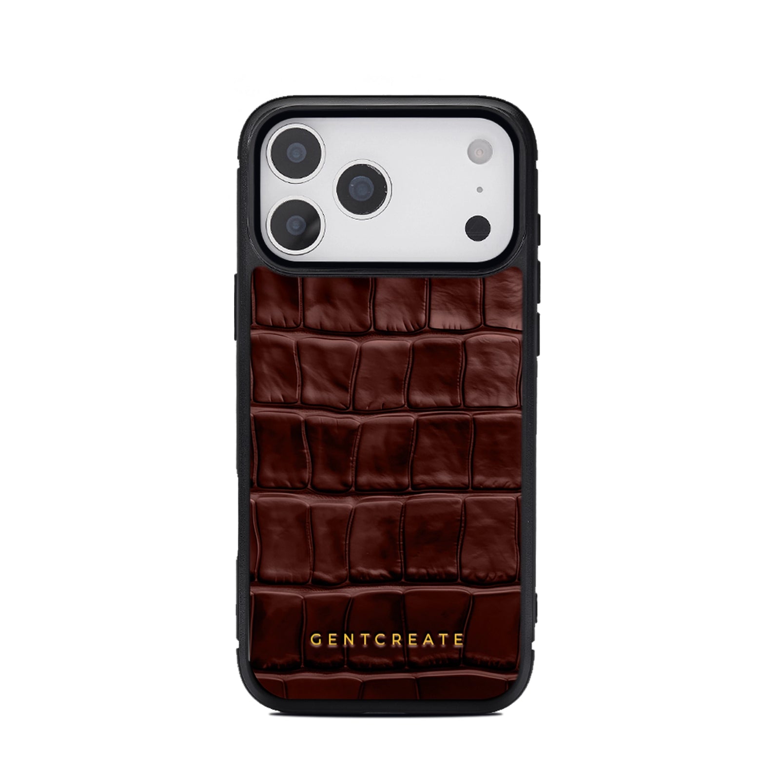 Burgundy 17 pro crocodile-patterned phone case with 'GENTCREATE' branding on a white background