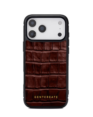 Burgundy 17 pro crocodile-patterned phone case with 'GENTCREATE' branding on a white background