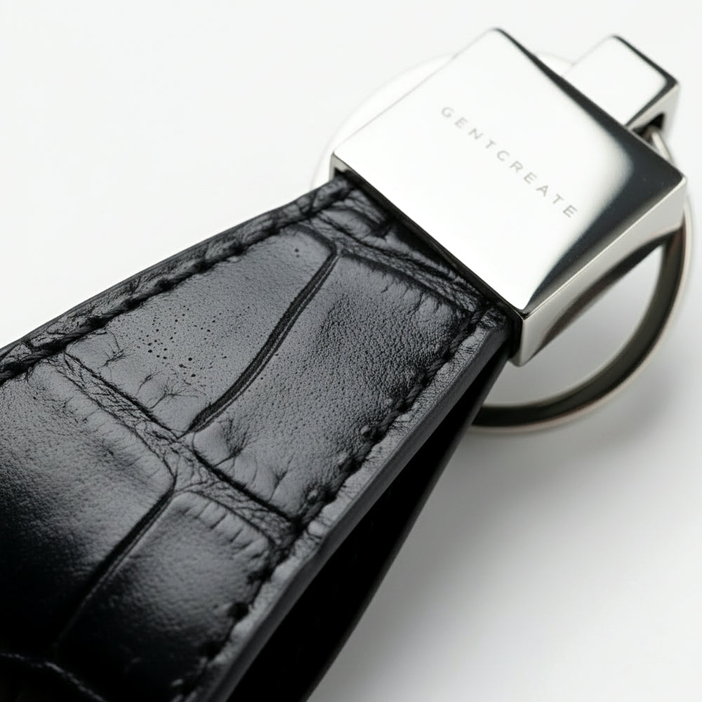 Crocodile leather keychain in black color by GENTCREATE