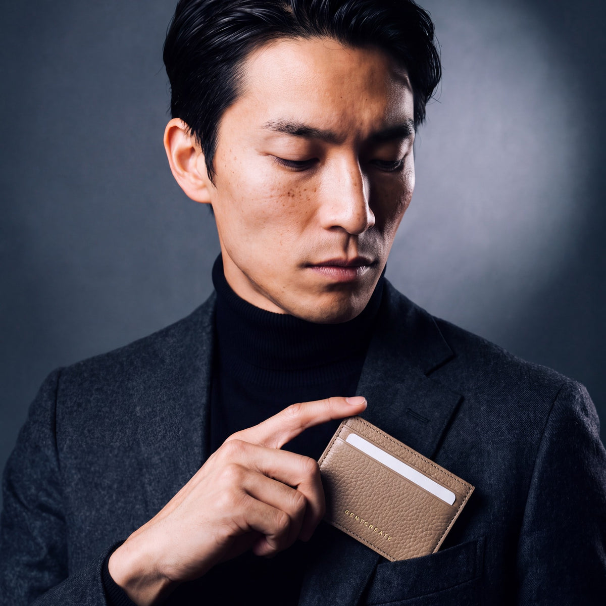 Man slipping a beige pebble leather card holder by GENTCREATE into a blazer chest pocket