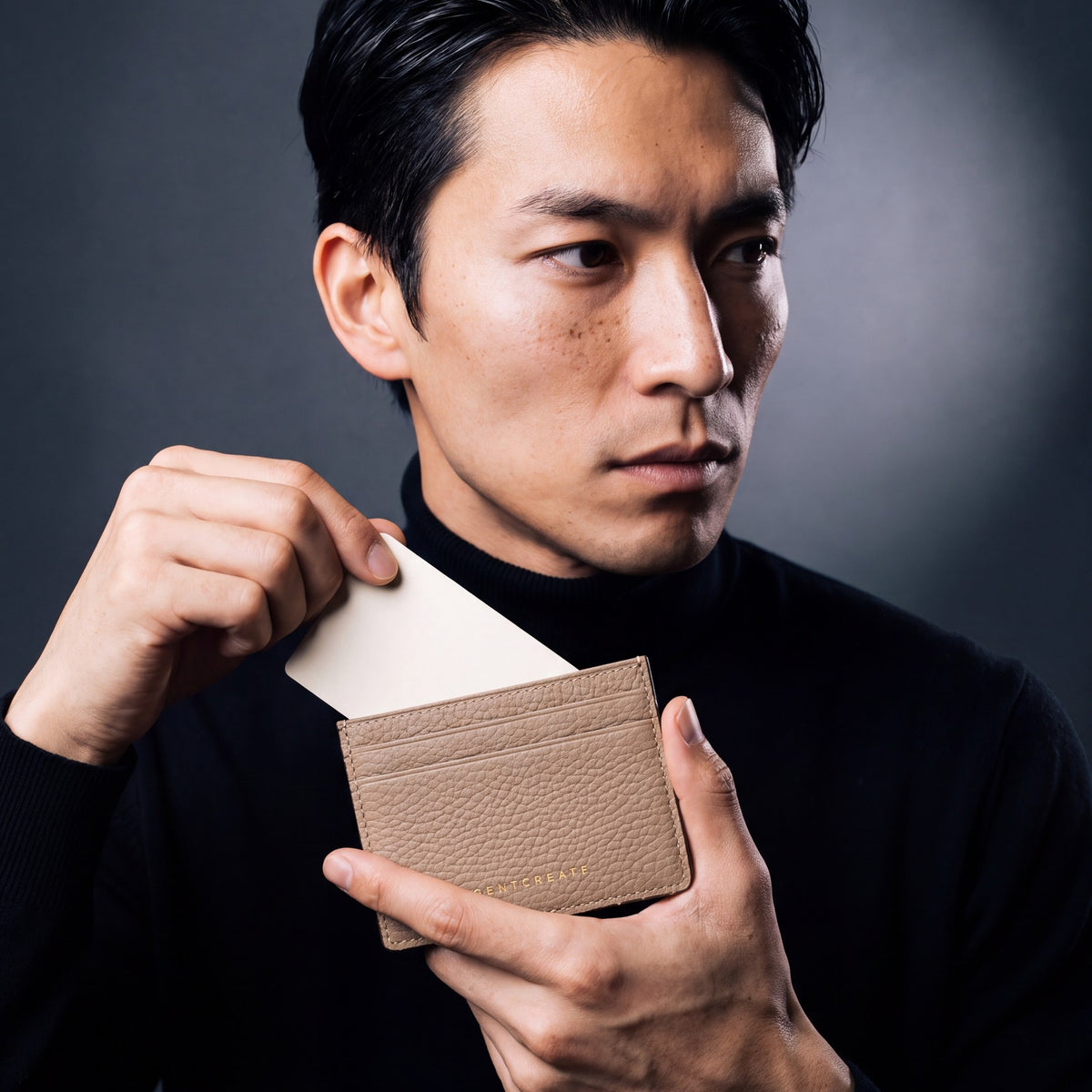 Man holding a slim beige pebble leather card holder by GENTCREATE and drawing out a card