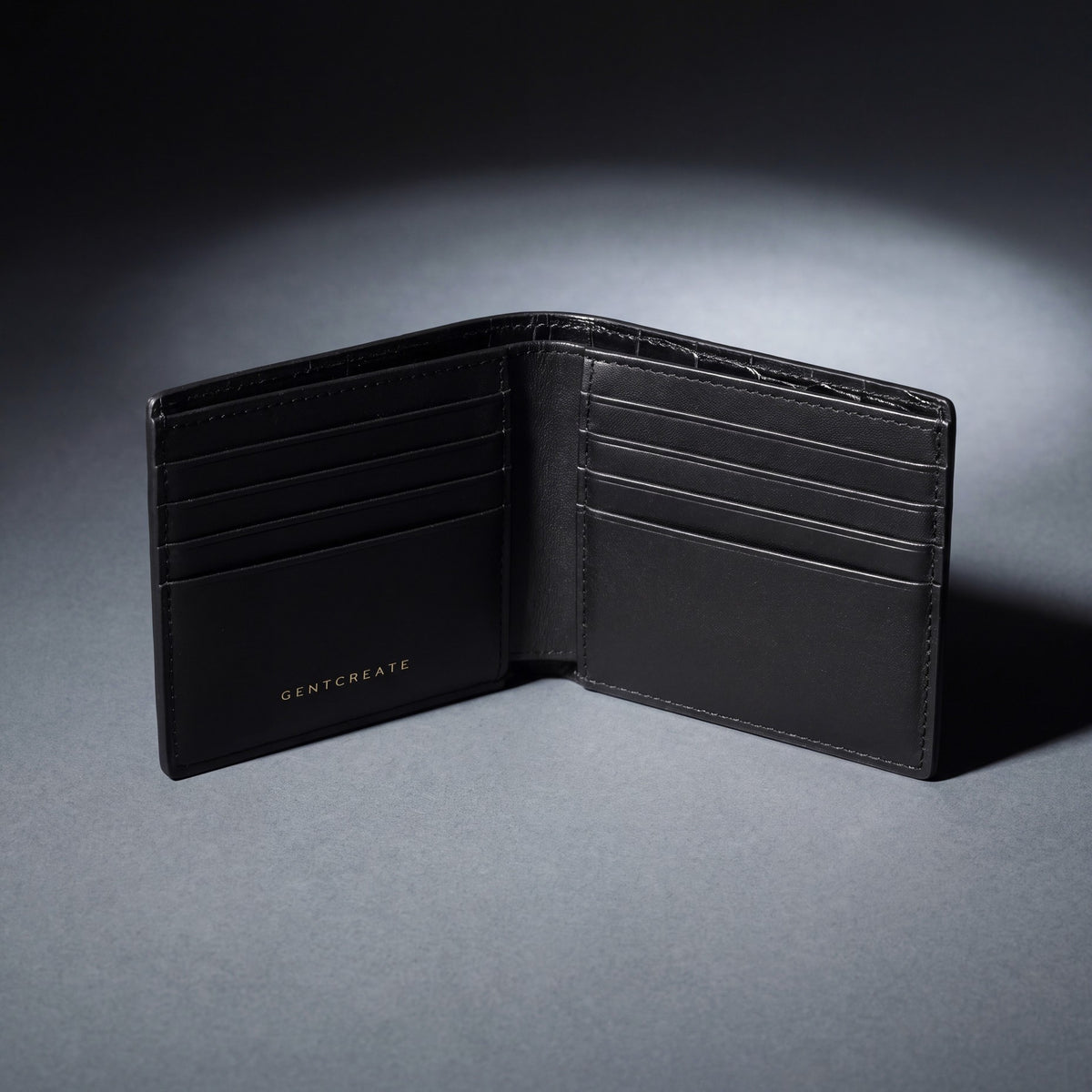Close-up of the inside and card slots of a black crocodile-embossed leather bifold wallet by GENTCREATE