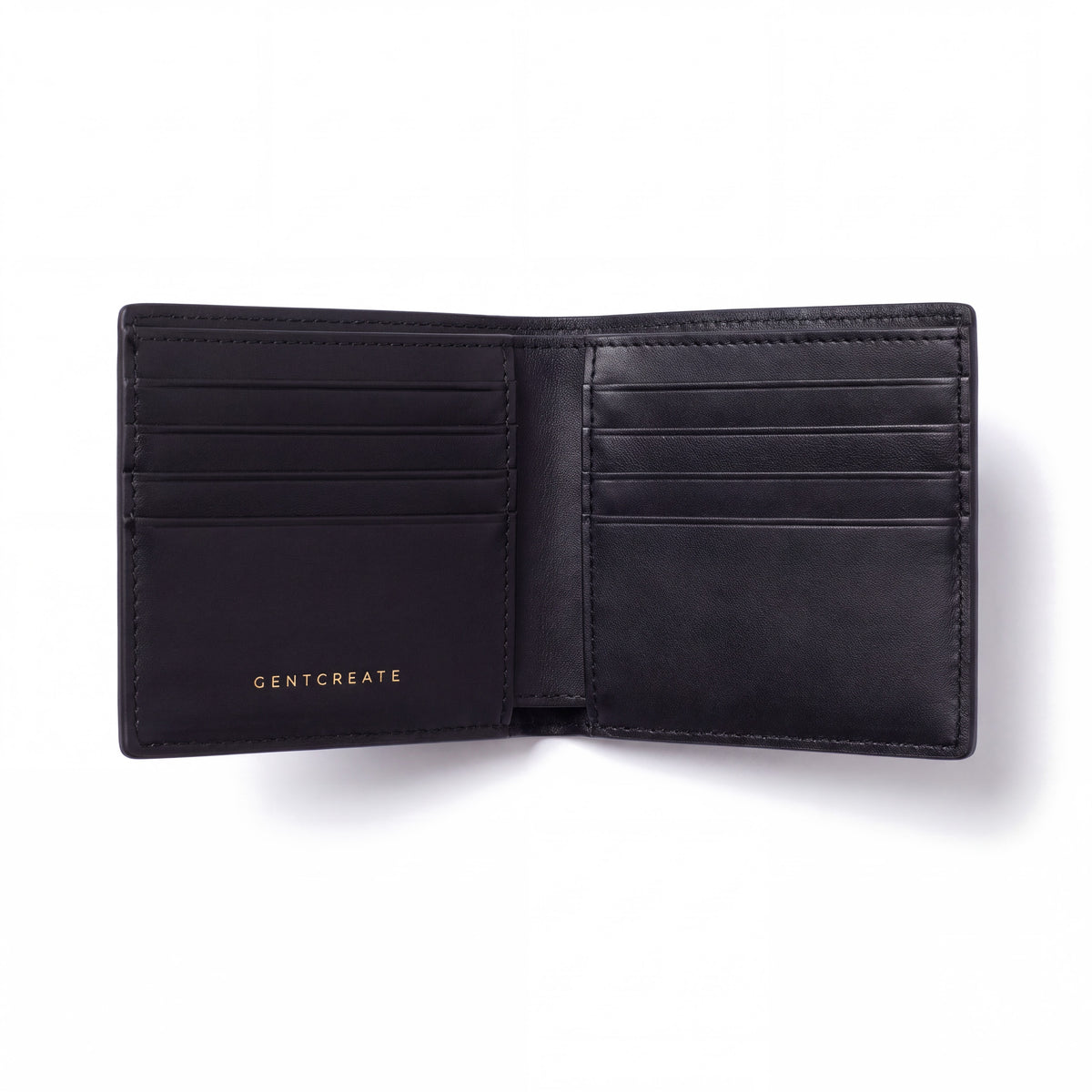 Open black crocodile-embossed leather bifold wallet by GENTCREATE showing the card slots, on white
