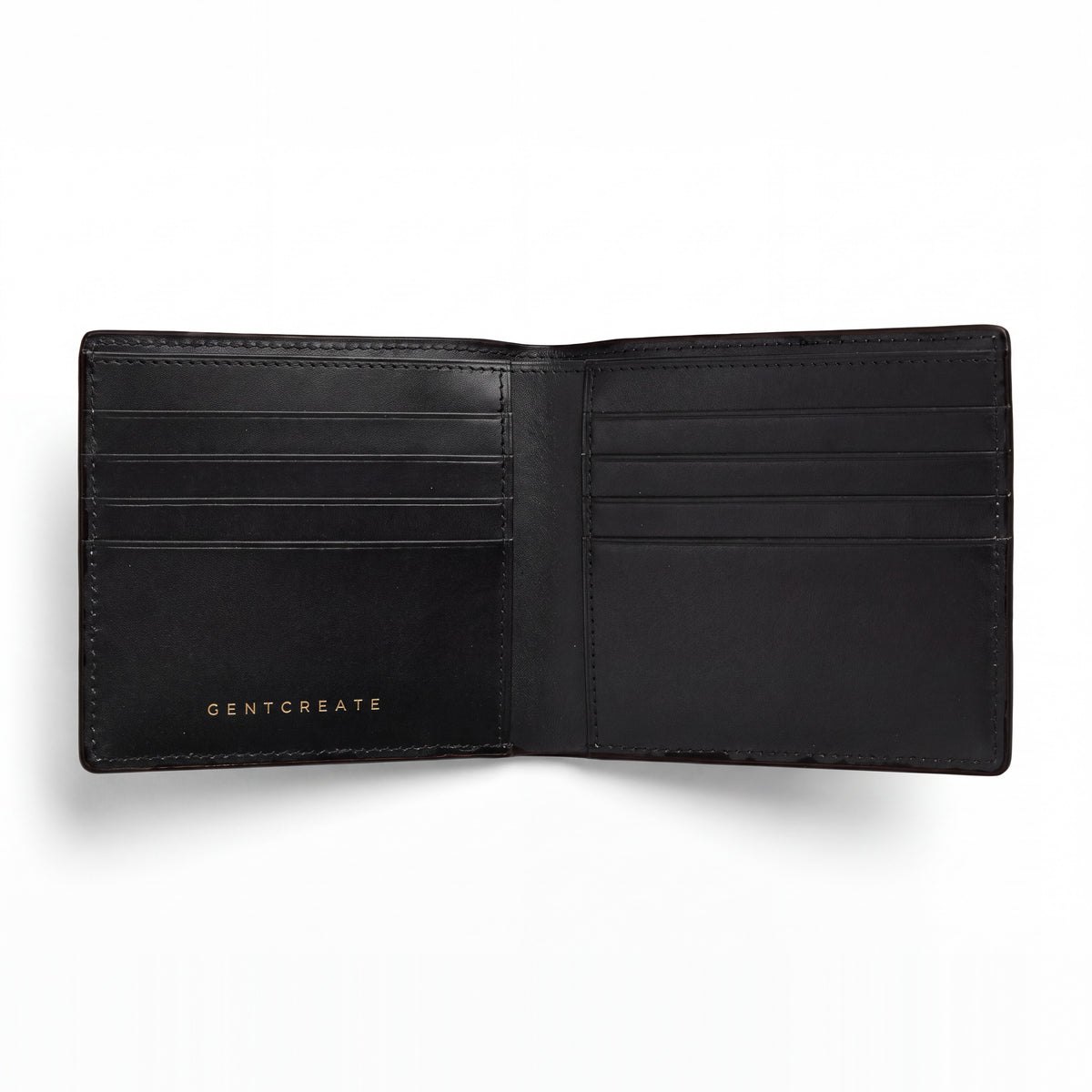 Portefeuille GENTCREATE à deux volets en cuir noir brillant embossé façon crocodile, ouvert sur les fentes pour cartes, sur fond blanc