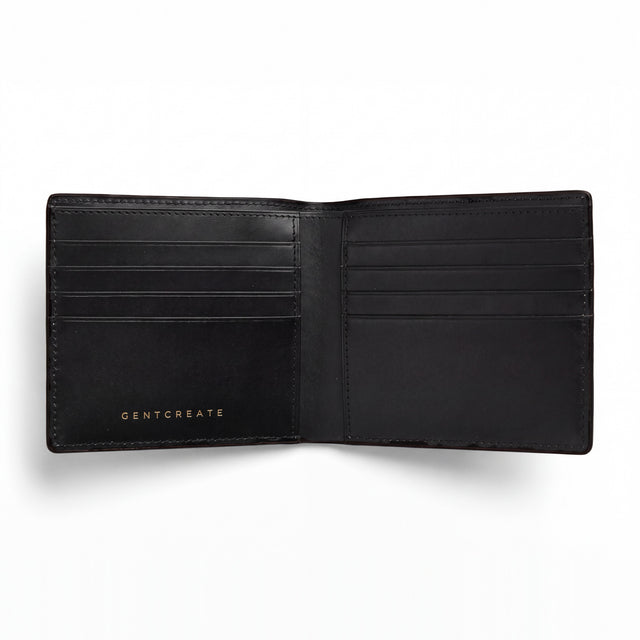 Open black glossy crocodile-embossed leather bifold wallet by GENTCREATE showing the card slots, on white