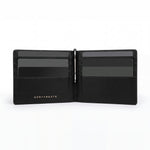Open black glossy crocodile-embossed leather money clip wallet by GENTCREATE showing its card slots and clip, on white