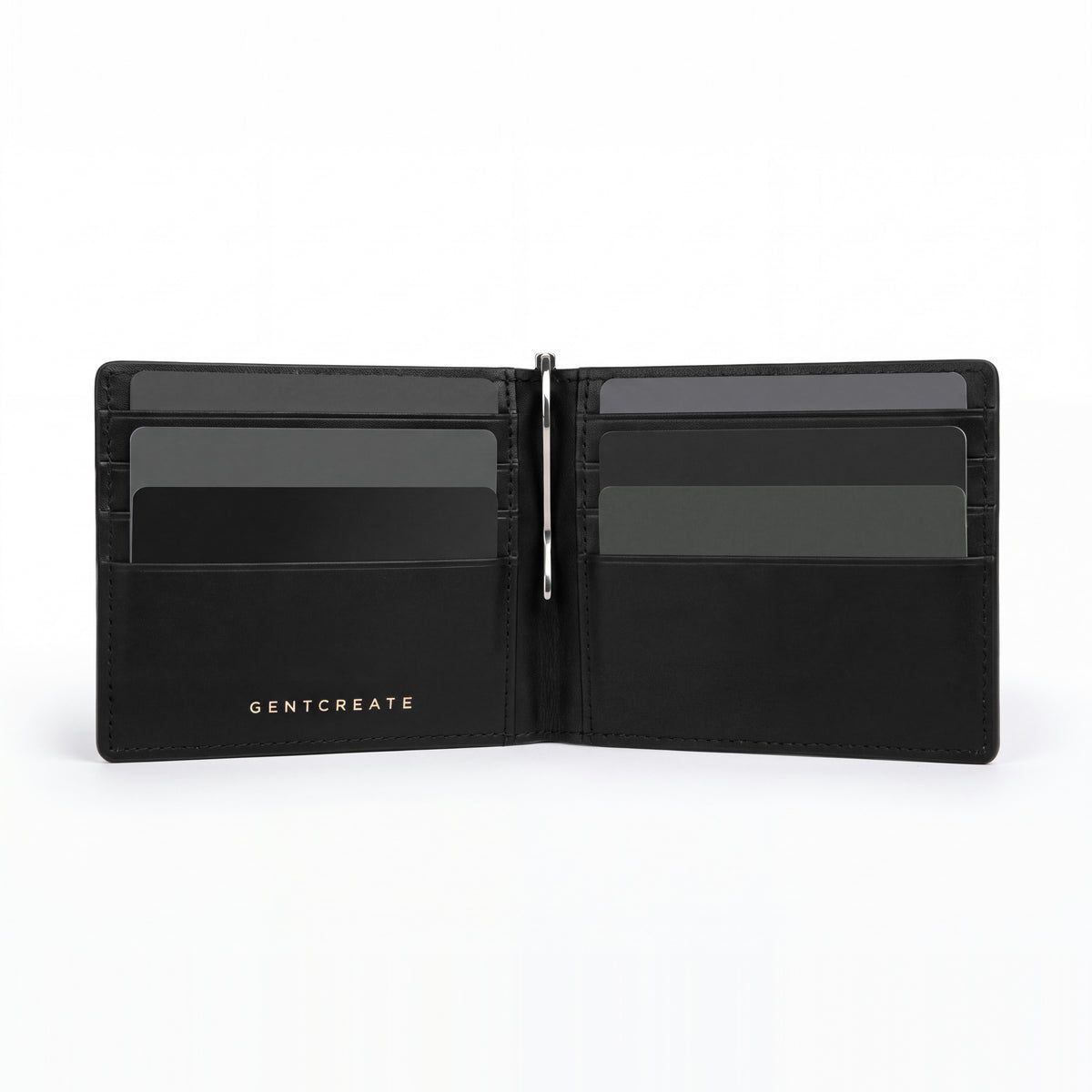 Open black glossy crocodile-embossed leather money clip wallet by GENTCREATE showing its card slots and clip, on white