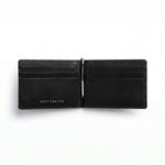 Cartera negra abierta de GENTCREATE con clip para billetes, en piel brillante con grabado de cocodrilo, con sus seis ranuras para tarjetas y el clip visibles, sobre fondo blanco
