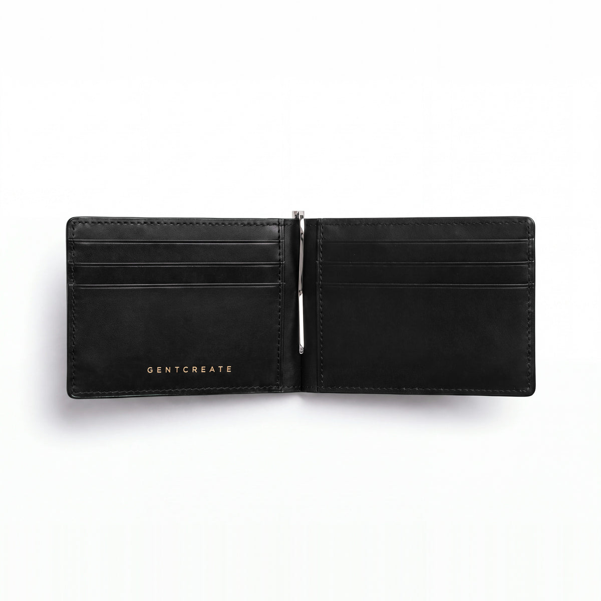 Cartera negra abierta de GENTCREATE con clip para billetes, en piel brillante con grabado de cocodrilo, con sus seis ranuras para tarjetas y el clip visibles, sobre fondo blanco