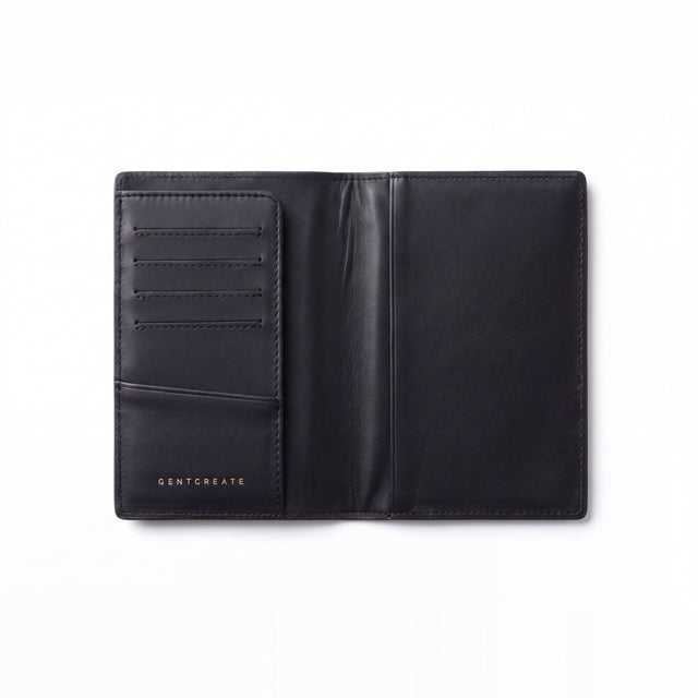 Porta-passaporte da GENTCREATE em pele preta brilhante gravada efeito croco, aberto, a mostrar as ranhuras para cartões e os bolsos, em fundo branco