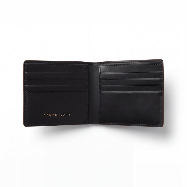 Open black lizard-embossed leather bifold wallet by GENTCREATE showing the card slots, on white