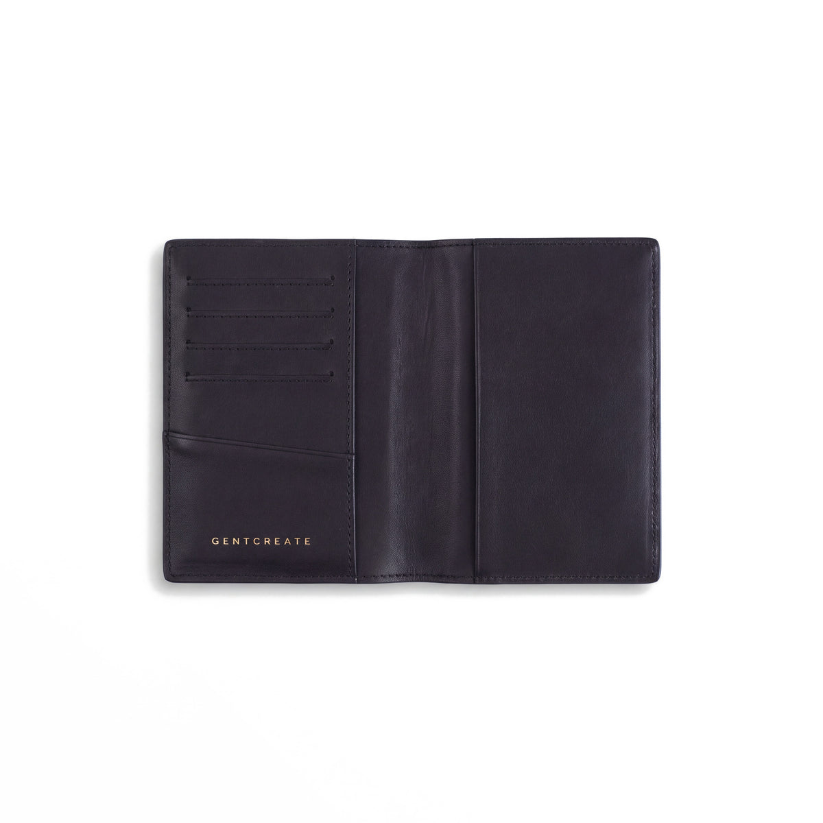 Open black lizard-embossed leather passport holder by GENTCREATE showing the passport sleeve and card slots, on white