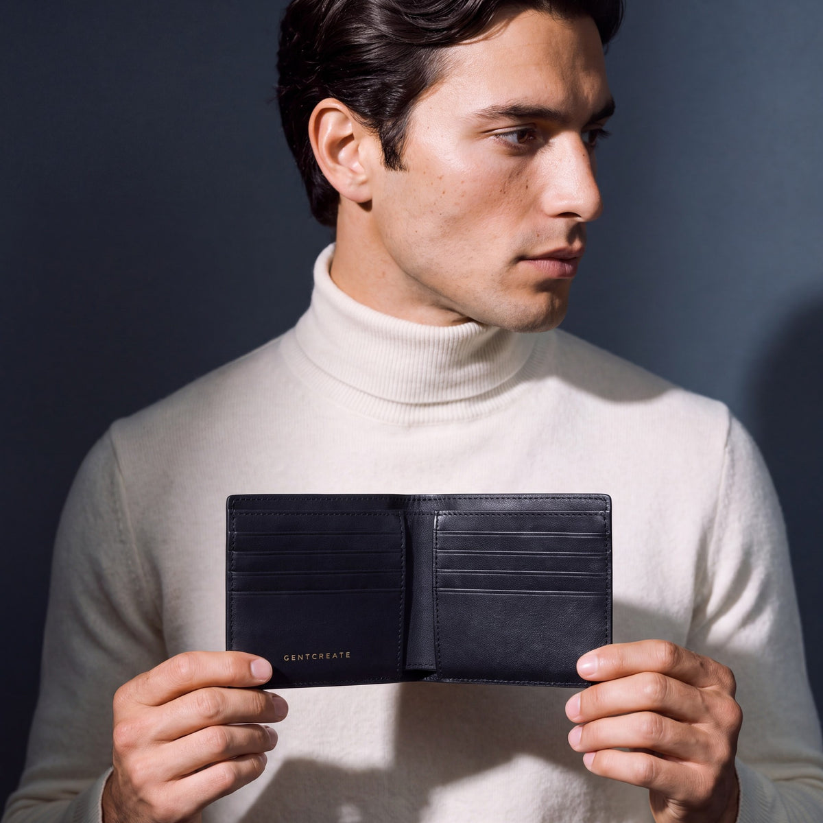 Man opening a black lizard-embossed leather bifold wallet by GENTCREATE to show the card slots