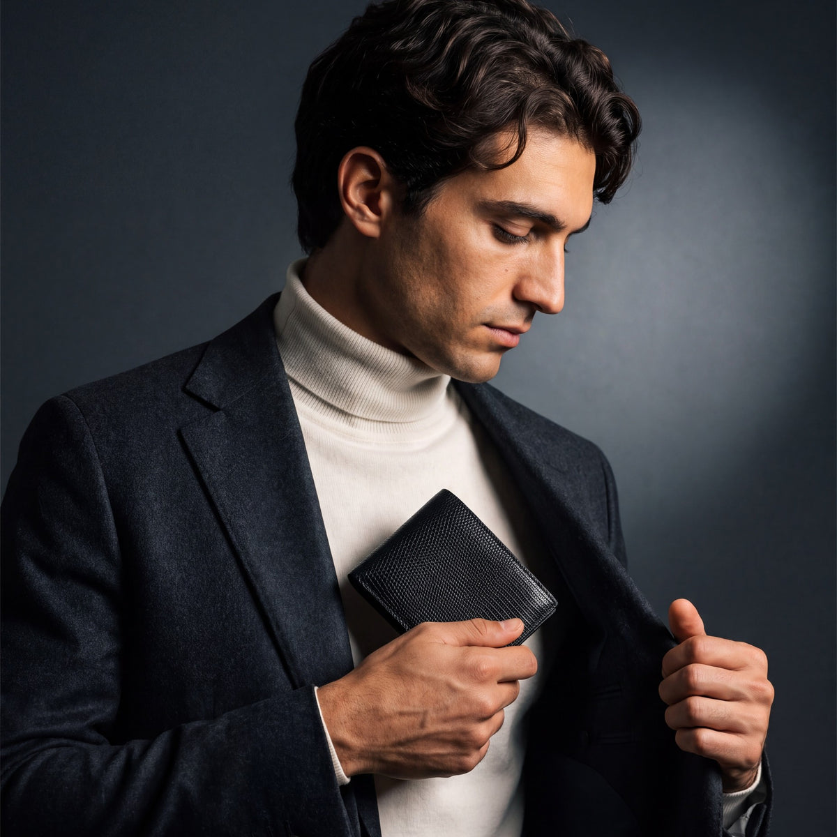 Man sliding a black lizard-embossed leather bifold wallet by GENTCREATE into a blazer pocket