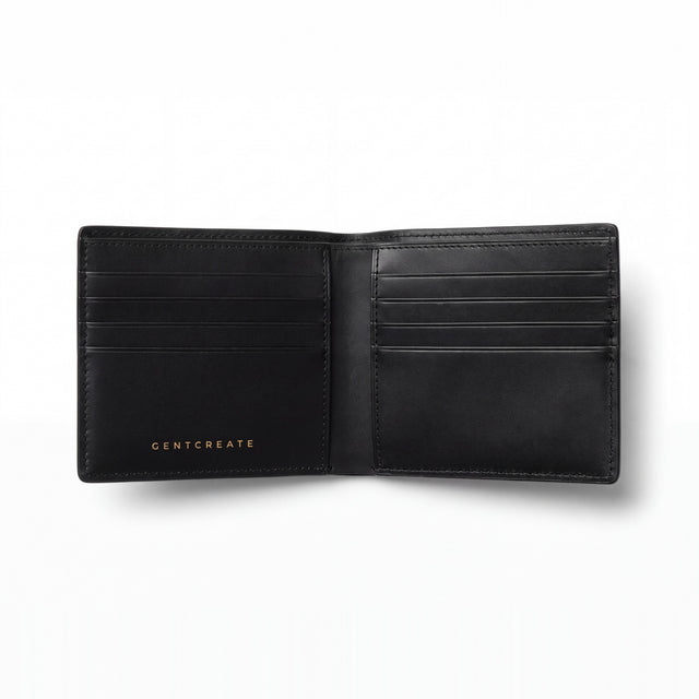 Open black matte crocodile-embossed leather bifold wallet by GENTCREATE showing the card slots, on white