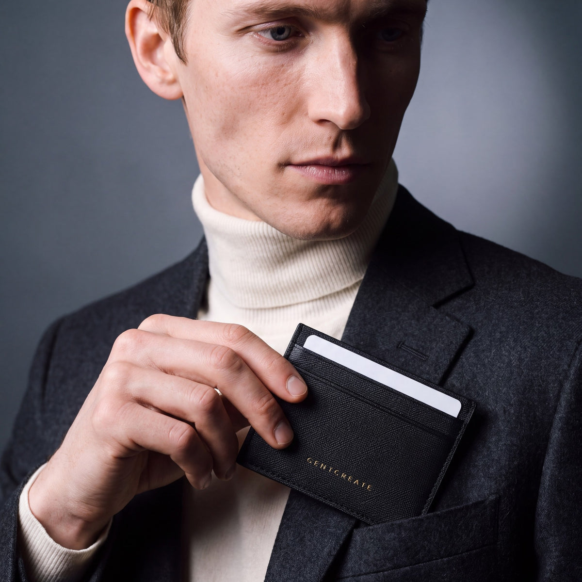 Man slipping a black Saffiano leather card holder by GENTCREATE into a blazer chest pocket