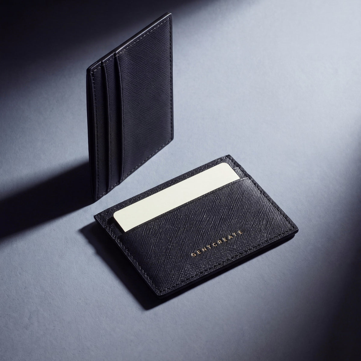 Black Saffiano leather card holder by GENTCREATE, studio still life