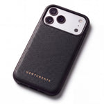 Black Saffiano cross-hatch calfskin iPhone 18 Pro case by GENTCREATE lying at an angle on white