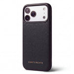Black Saffiano cross-hatch calfskin iPhone 18 Pro case by GENTCREATE standing on white, its camera window in view