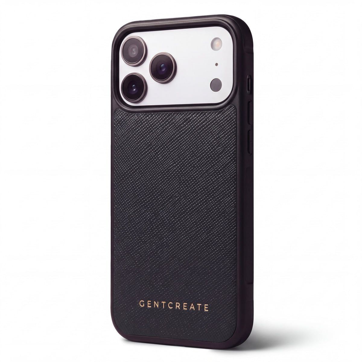 Black Saffiano cross-hatch calfskin iPhone 18 Pro case by GENTCREATE standing on white, its camera window in view