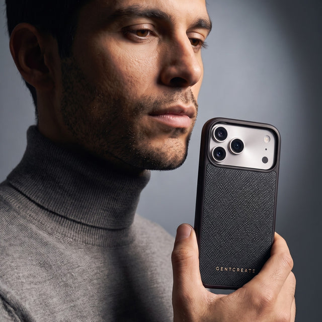 Man holding a black Saffiano cross-hatch calfskin iPhone 18 Pro Max case by GENTCREATE beside his face
