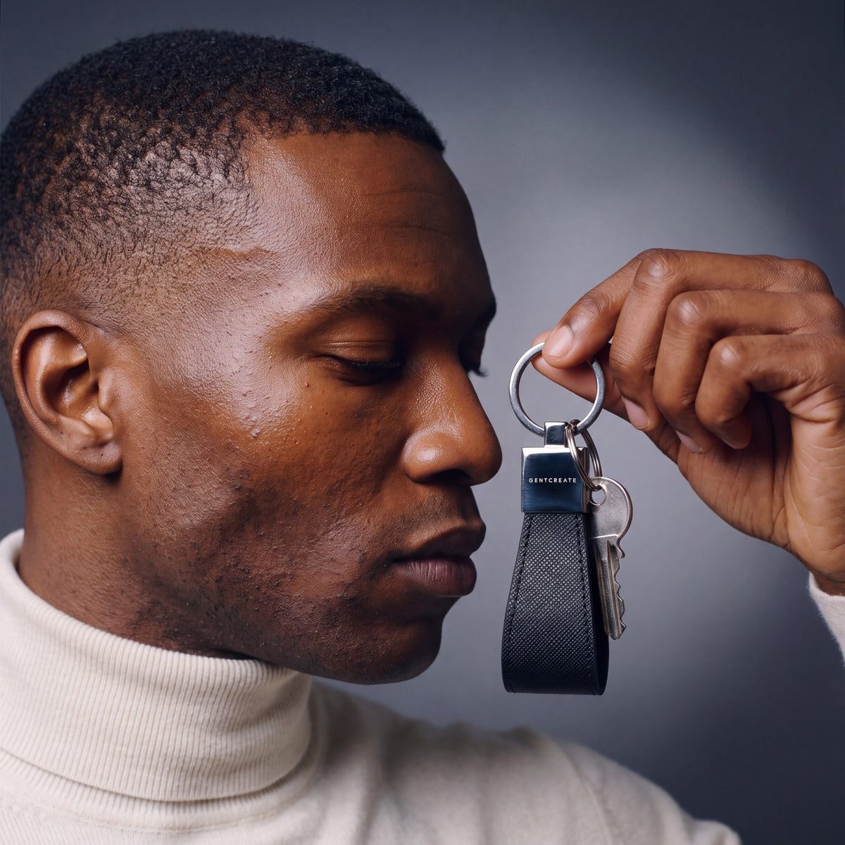 Man holding a black Saffiano leather keychain by GENTCREATE up beside the face