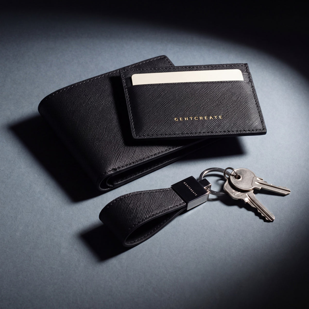 Matching black Saffiano leather wallet, card holder and keychain by GENTCREATE