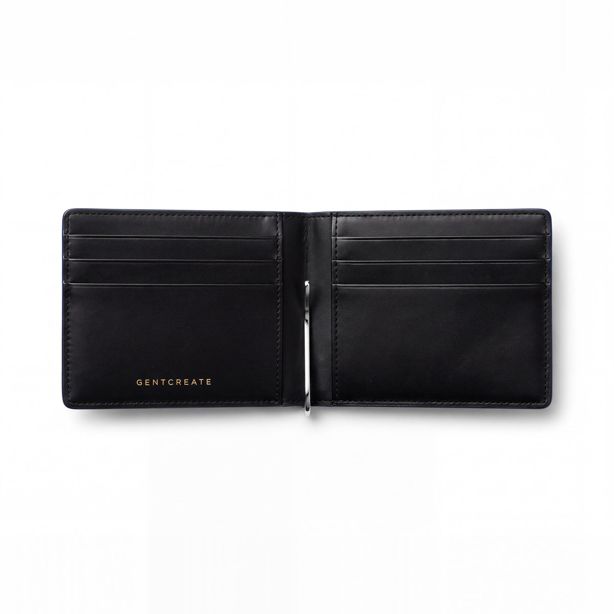 Open blue glossy crocodile-embossed leather money clip wallet by GENTCREATE showing its card slots and clip, on white