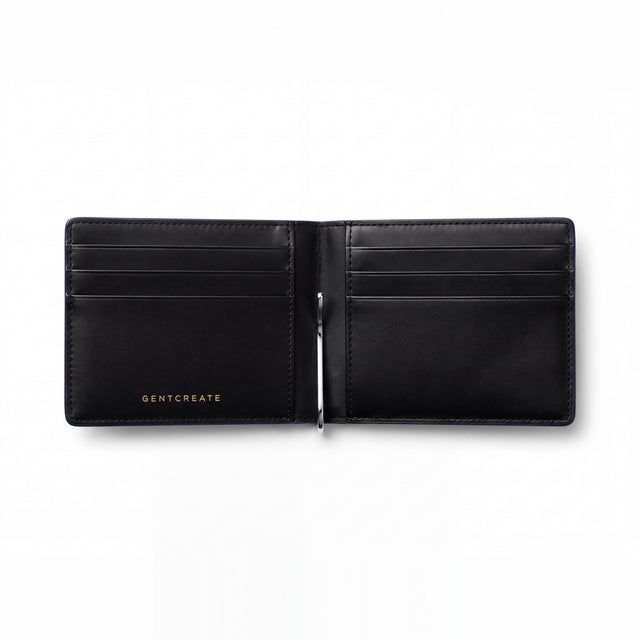 Open blue glossy crocodile-embossed leather money clip wallet by GENTCREATE showing its card slots and clip, on white