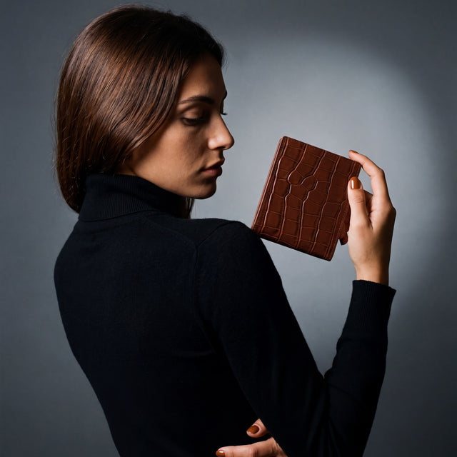 Woman holding a brown crocodile-embossed leather bifold wallet by GENTCREATE up over the shoulder