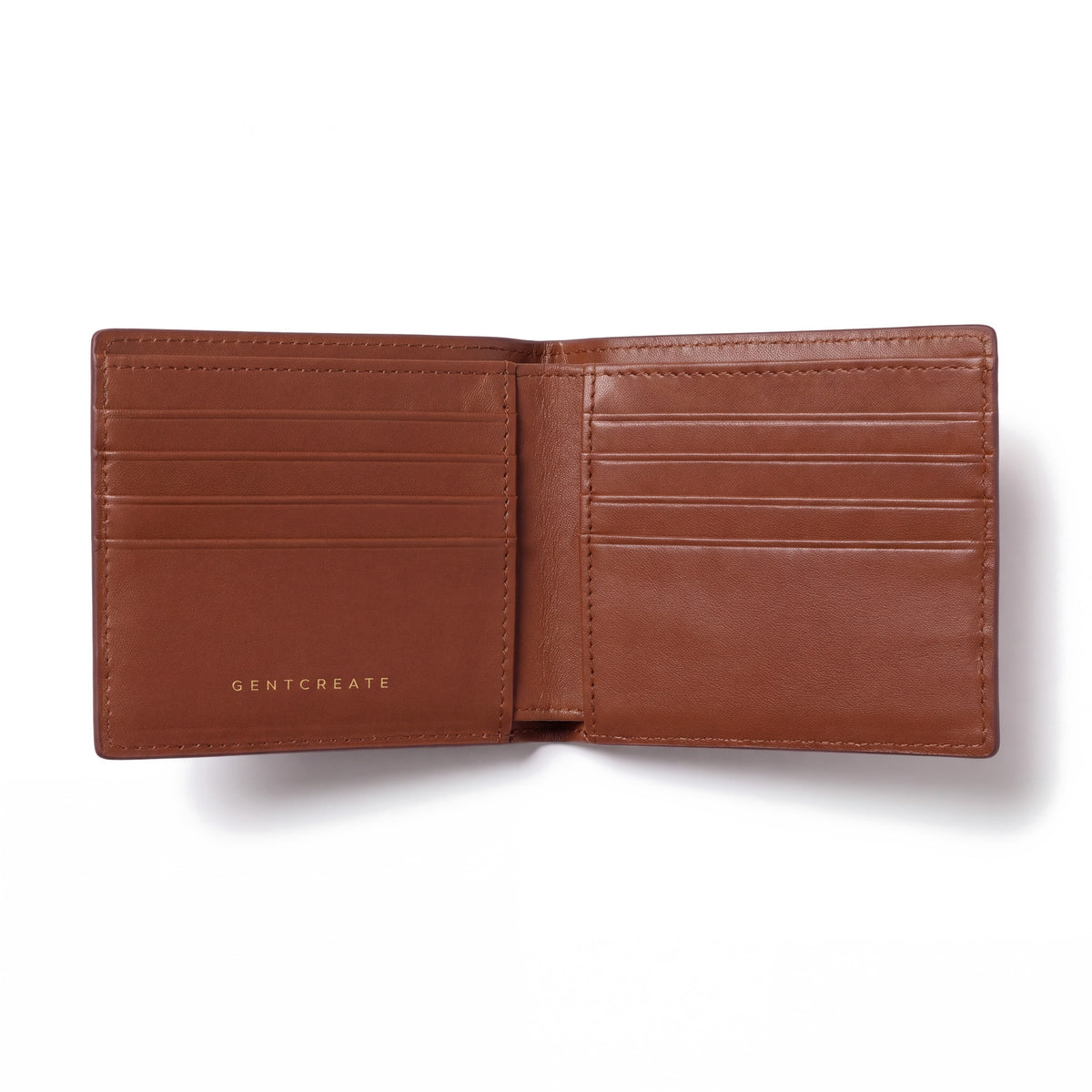 Open brown crocodile-embossed leather bifold wallet by GENTCREATE showing the card slots, on white