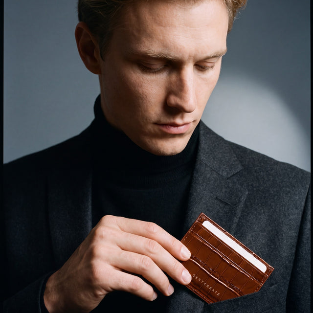 Man slipping a brown crocodile-embossed leather card holder by GENTCREATE into a blazer chest pocket
