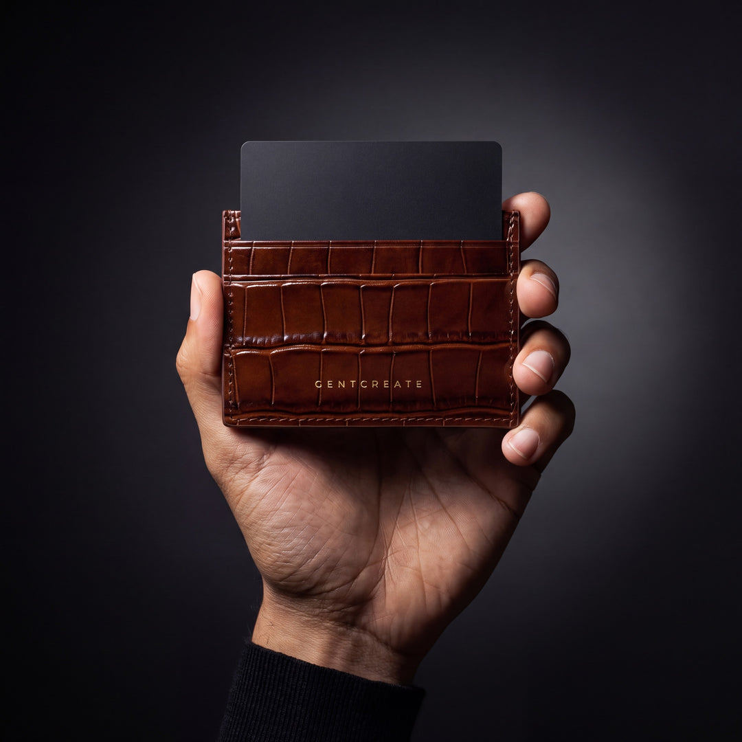 Una mano muestra un tarjetero GENTCREATE marrón con grabado de cocodrilo, con una tarjeta dentro