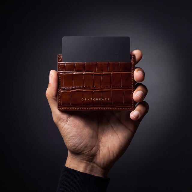Man's hand holding a brown crocodile-embossed leather card holder by GENTCREATE with a card in a dark studio